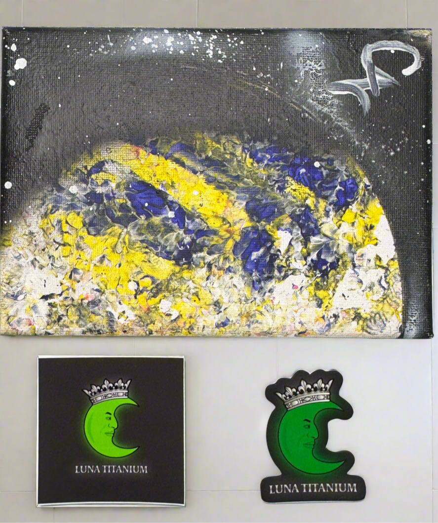 Blue and yellow moon 5 by 7 inches with luna titanium stickers One Crown and One Exclusive of each collectible sticker
